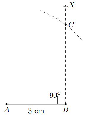 Step 3 Step 3: An arc from A with a 5 cm radius intersects the perpendicular ray BX at point C.